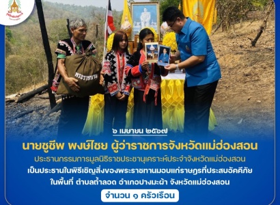 <strong>อ่านเพิ่มเติมเกี่ยวกับ</strong><br>นายชูชีพ พงษ์ไชย ผู้ว่าราชการจังหวัดแม่ฮ่องสอน เป็นประธานในพิธีเชิญสิ่งของพระราชทานมอบแก่ราษฎรที่ประสบอัคคีภัย ในพื้นที่ ตำบลถ้ำลอด อำเภอปางมะผ้า จังหวัดแม่ฮ่องสอน นายชูชีพ พงษ์ไชย ผู้ว่าราชการจังหวัดแม่ฮ่องสอน เป็นประธานในพิธีเชิญสิ่งของพระราชทานมอบแก่ราษฎรที่ประสบอัคคีภัย ในพื้นที่ ตำบลถ้ำลอด อำเภอปางมะผ้า จังหวัดแม่ฮ่องสอน