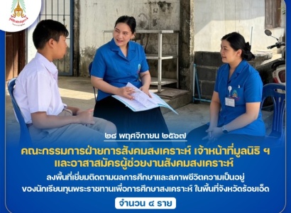 <strong>อ่านเพิ่มเติมเกี่ยวกับ</strong><br>คณะกรรมการฝ่ายการสังคมสงเคราะห์ เจ้าหน้าที่มูลนิธิ ฯ และอาสาสมัครผู้ช่วยงานสังคมสงเคราะห์  ลงพื้นที่เยี่ยมติดตามผลการศึกษาและสภาพชีวิตความเป็นอยู่ของนักเรียนทุนพระราชทานเพื่อการศึกษาสงเคราะห์ ในพื้นที่จังหวัดร้อยเอ็ด คณะกรรมการฝ่ายการสังคมสงเคราะห์ เจ้าหน้าที่มูลนิธิ ฯ และอาสาสมัครผู้ช่วยงานสังคมสงเคราะห์  ลงพื้นที่เยี่ยมติดตามผลการศึกษาและสภาพชีวิตความเป็นอยู่ของนักเรียนทุนพระราชทานเพื่อการศึกษาสงเคราะห์ ในพื้นที่จังหวัดร้อยเอ็ด